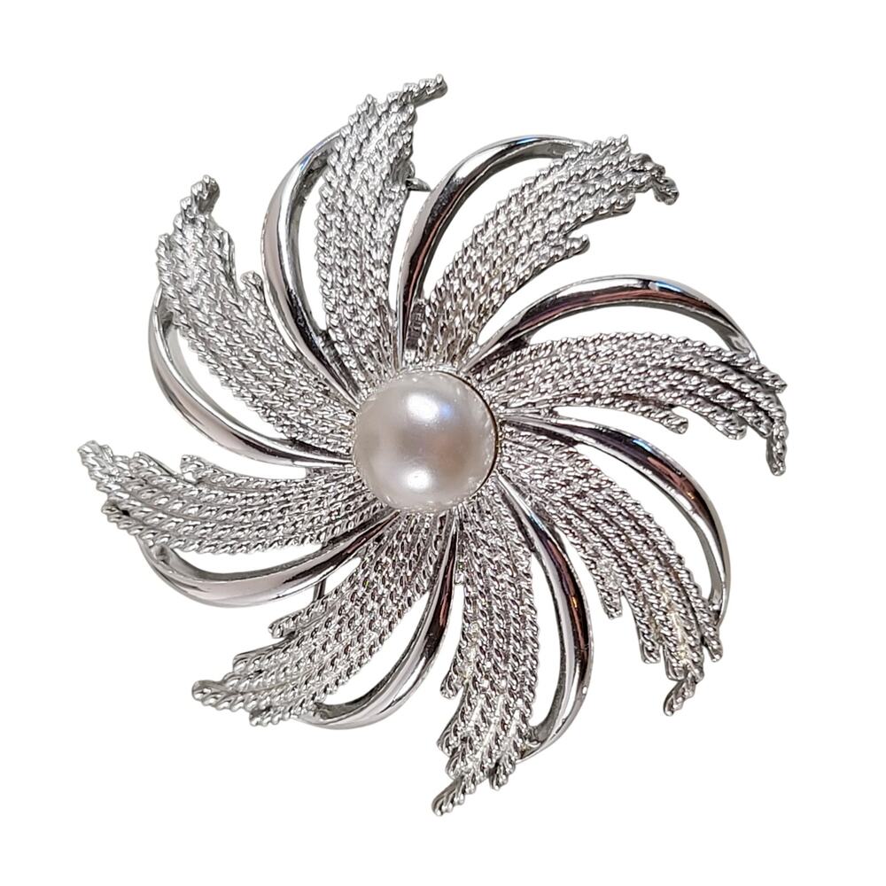 Vintage Signed Sarah Coventry Silver Swirl Brooch Pin Faux Pearl 2.3"